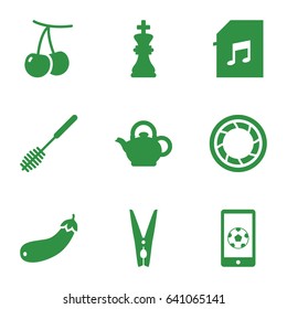 Closeup icons set. set of 9 closeup filled icons such as cherry, toilet brush, aubergine, memory card with music, camera shutter, cloth pin, teapot, football on phone