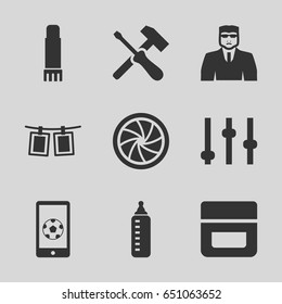 Closeup icons set. set of 9 closeup filled icons such as baby bottle, cream, security guy, glue pen, camera shutter, photos on rope, football on phone, adjust