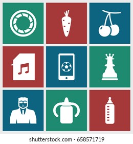 Closeup icons set. set of 9 closeup filled icons such as carrot, cherry, baby bottle, security guy, memory card with music, camera shutter, football on phone