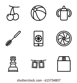 Closeup icons set. set of 9 closeup outline icons such as cherry, baby bottle, beach ball, toilet brush, cargo container, camera shutter, photos on rope, chess king