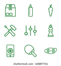 Closeup icons set. set of 9 closeup outline icons such as carrot, baby bottle, cargo container, medical mask, football on phone, chess king, adjust, screwdriver