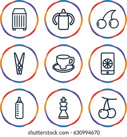 Closeup icons set. set of 9 closeup outline icons such as cherry, baby bottle, cherry, coffee cup, cargo container, cloth pin, football on phone