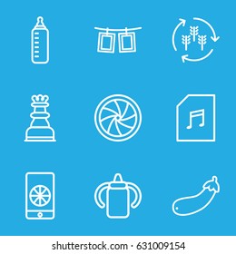 Closeup icons set. set of 9 closeup outline icons such as harvest, baby bottle, aubergine, memory card with music, camera shutter, photos on rope, chess king