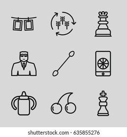 Closeup icons set. set of 9 closeup outline icons such as harvest, baby bottle, cotton buds, security guy, cherry, photos on rope, chess king