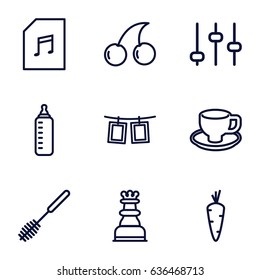 Closeup icons set. set of 9 closeup outline icons such as carrot, baby bottle, cherry, toilet brush, coffee cup, memory card with music, photos on rope, chess king
