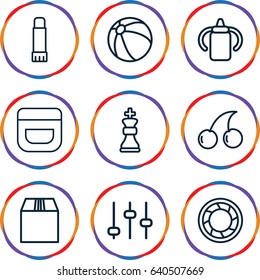 Closeup icons set. set of 9 closeup outline icons such as baby bottle, beach ball, cream, cherry, cargo container, glue pen, camera shutter, chess king