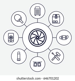 Closeup icons set. set of 9 closeup outline icons such as cargo container, medical mask, glue pen, camera shutter, photos on rope, football on phone, screwdriver