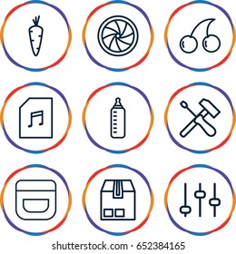 Closeup icons set. set of 9 closeup outline icons such as carrot, baby bottle, cream, cherry, cargo container, memory card with music, camera shutter, adjust