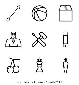 Closeup Icons Set. Set Of 9 Closeup Outline Icons Such As Carrot, Cherry, Beach Ball, Cotton Buds, Security Guy, Cargo Container, Glue Pen, Chess King