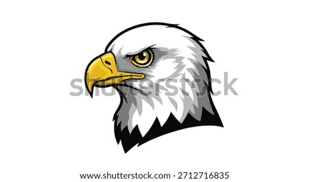 Close-up illustration of a bald eagle's head in profile, showcasing its sharp yellow beak, piercing yellow eye, and white head feathers.