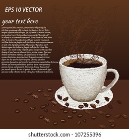 closeup illustration of beans and hot cup of coffee on a plate.