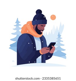 Close-up illustration of black african american dark-skinned black man use smartphone in winter in simple scandinavic flat style