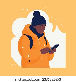 Close-up illustration of black african american dark-skinned black woman use smartphone in winter in simple scandinavic flat style