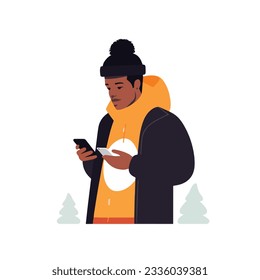 Close-up illustration of black african american dark-skinned black man use smartphone in winter in simple scandinavic flat style