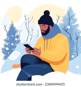 Close-up illustration of black african american dark-skinned black man use smartphone in winter in simple scandinavic flat style