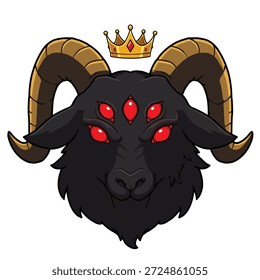 Una ilustración de primer plano de la cabeza de un carnero negro con cinco ojos rojos brillantes y cuernos Grandes y curvos, adornados con una corona real.