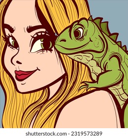 Closeup illustration of a blonde woman holding an iguana on her shoulder. Conceptual art about friendship and love. Woman looking at her lizard