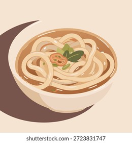 Uma ilustração em close de uma tigela cheia de macarrão de udon em caldo, decorada com cebola verde e uma fatia de gengibre.