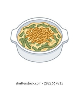 A close-up illustration of a classic green bean casserole topped with crispy fried onions in a white casserole dish.
