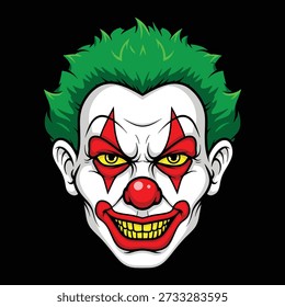 Una ilustración de primer plano de la cara de un payaso con un cabello verde brillante y puntiagudo, maquillaje de ojos en forma de diamante rojo, una nariz roja y una sonrisa ancha y siniestra.