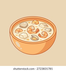 Ilustração em close de uma sopa cremosa de frutos do mar repleta de camarão, mariscos e pedaços de peixe, servida em uma tigela laranja.