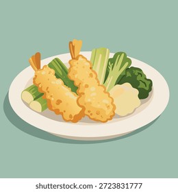 Eine Nahaufnahme knuspriger Garnelen-Tempura, serviert mit gedünstetem Brokkoli, Spargel und einem Haufen Kartoffelbrei.