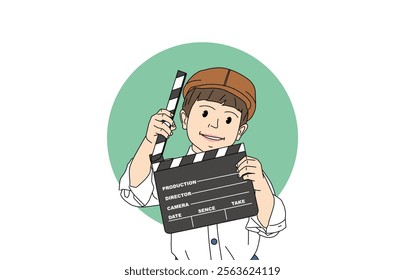 Close-up illustration of a cute child holding a clapper board promoting his latest film which will soon be showing on the big screen.