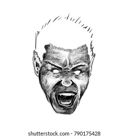 A closeup illustration of a demon man's face on a white background.