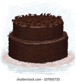 closeup illustration of a double layered chocolate cake on plate with toppings.