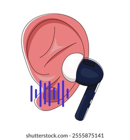 close-up illustration of an ear with earbuds inserted, relevant for topics related to audio devices, hearing, music, and technology.