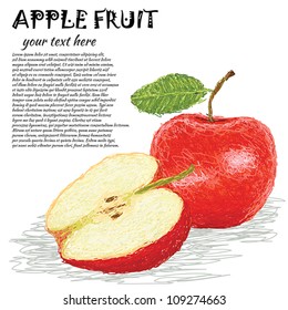 Ilustración de primer plano de fruta de manzana fresca con media rebanada.
