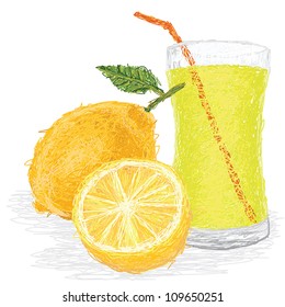 closeup illustration of fresh lemon fruit and juice isolated in white background.