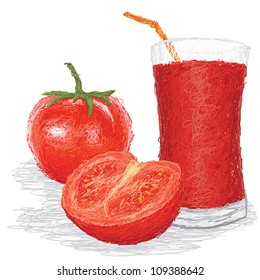 closeup illustration of fresh tomato fruit and a glass of juice isolated in white background.