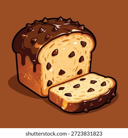 Um close-up ilustração de um pão recém-assado cravejado com batatas fritas de chocolate, coberto com esmalte de chocolate e polvilhos, com uma fatia cortada e colocada na frente.