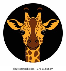 A close-up illustration of a giraffes face with big eyes and distinctive spots, set against a black background.