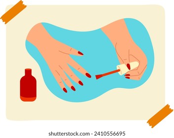 Close-up illustration of a hand applying red nail polish. Beauty routine with manicure process. Self-care and cosmetics vector illustration.