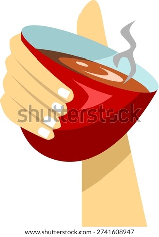 A close-up illustration of a hand gently grasping a vibrant red bowl, from which a wisp of steam rises, indicating a hot drink inside.