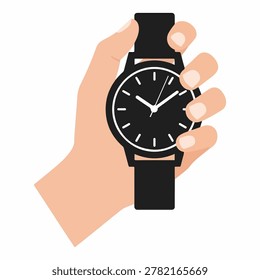 A close-up illustration of a hand holding a black wristwatch with a black strap.