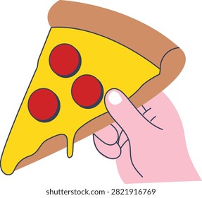 A close-up illustration of a hand holding a single slice of pepperoni pizza, featuring golden crust, melted yellow cheese, and three red pepperoni slices, with cheese dripping slightly.