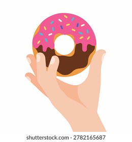 A close-up illustration of a hand holding a tempting donut with chocolate icing, pink frosting, and colorful sprinkles.