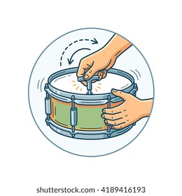 Close-up illustration of a hand using a drum key to adjust the tension of a snare drum head.