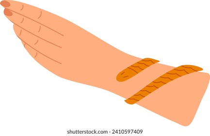 Close-up illustration of a hand wearing two rope bracelets. Friendship bracelets on wrist vector illustration.