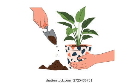 Ilustração em close-up de mãos usando uma pequena toalha de jardim para plantar uma planta folhosa verde em um pote de cerâmica estampada elegante.