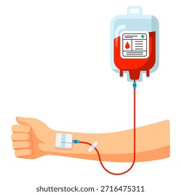 Ilustração em close de um braço humano com uma agulha inserida para doação de sangue, conectada a uma bolsa de sangue.