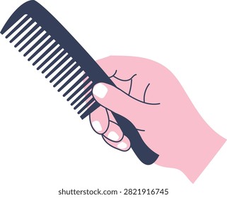 A close-up illustration of a human hand gripping a black comb, ready for hair care and styling routines.