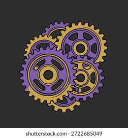 Um close-up ilustração de engrenagens interligadas em roxo e amarelo, simbolizando trabalho em equipe e mecânica.
