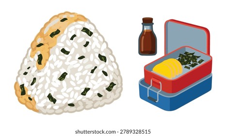 A close-up illustration of a large onigiri rice ball with seaweed flakes and a drizzle of sauce, next to a bento box filled with rice and toppings, and a small bottle of soy sauce.