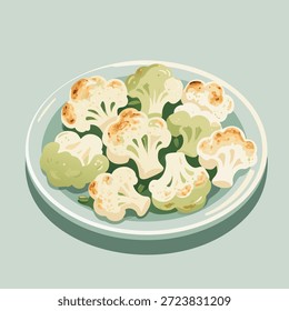 Um close-up ilustração de floretes de couve-flor levemente assados dispostos em uma placa azul clara, com um fundo verde silenciado.