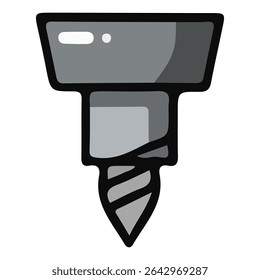 Ilustração em close de uma broca metálica em estilo cartoon. Representa o trabalho de perfuração, construção, fabricação e precisão. Ícone para hardware, ferramentas e sites industriais.