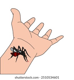 Una ilustración de primer plano de un mosquito que pica la muñeca de una persona. El mosquito es Grande y detallado, destacando sus alas, piernas y probóscide mientras se alimenta de la piel de la persona.